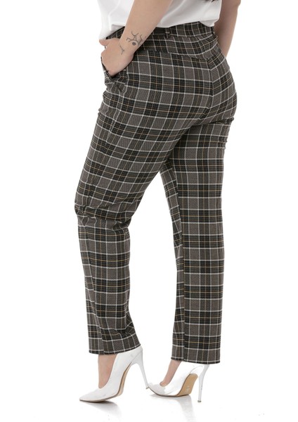 Büyük Beden Dar Paça Cepli Siyah Hardal Ekose Pantolon modelleri