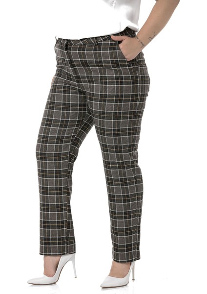 Büyük Beden Dar Paça Cepli Siyah Hardal Ekose Pantolon indirimleri