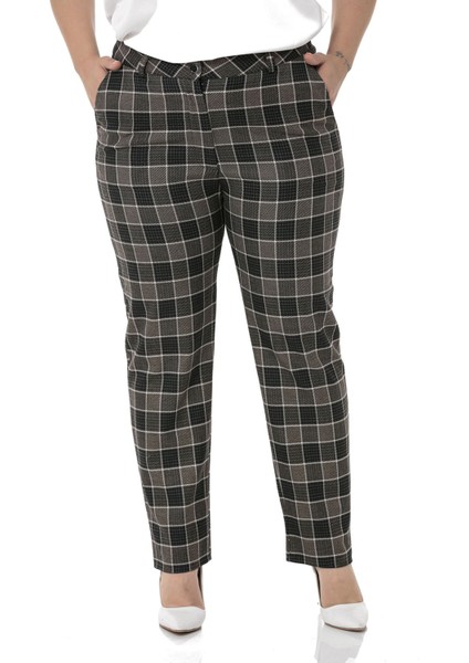 Büyük Beden Dar Paça Cepli Siyah Zümrüt Ekose Pantolon