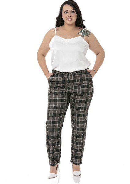 Büyük Beden Dar Paça Cepli Siyah Zümrüt Ekose Pantolon fiyatları