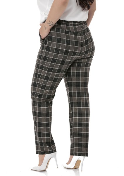 Büyük Beden Dar Paça Cepli Siyah Zümrüt Ekose Pantolon modelleri