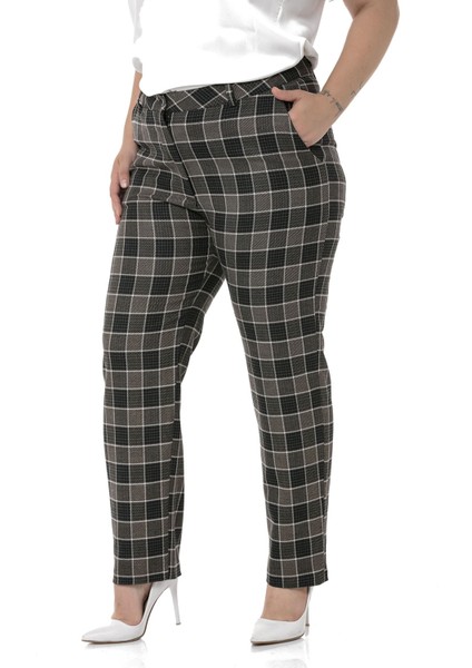 Büyük Beden Dar Paça Cepli Siyah Zümrüt Ekose Pantolon indirimleri