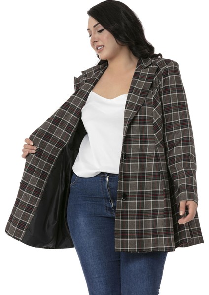 Büyük Beden Pile Detaylı Astarlı Siyah Kırmızı Ekose Ceket indirimleri