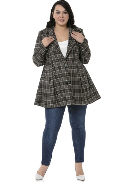 Büyük Beden Pile Detaylı Astarlı Siyah Hardal Ekose Ceket