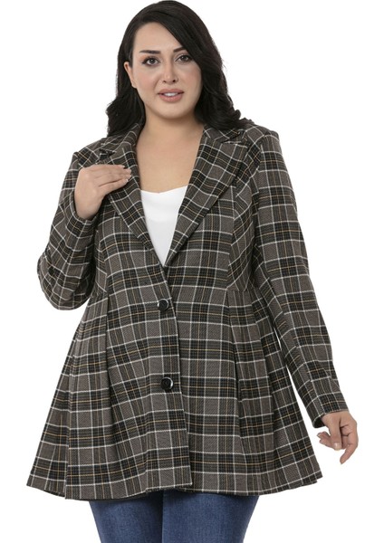 Büyük Beden Pile Detaylı Astarlı Siyah Hardal Ekose Ceket fiyatları