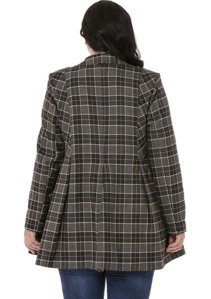 Büyük Beden Pile Detaylı Astarlı Siyah Hardal Ekose Ceket modelleri