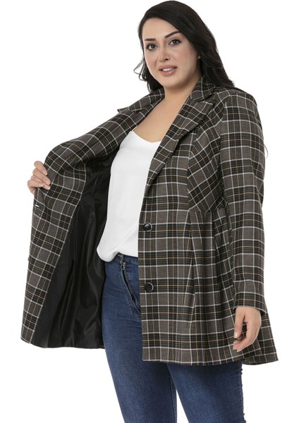 Büyük Beden Pile Detaylı Astarlı Siyah Hardal Ekose Ceket indirimleri