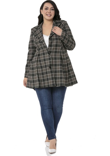 Büyük Beden Pile Detaylı Astarlı Siyah Zümrüt Ekose Ceket