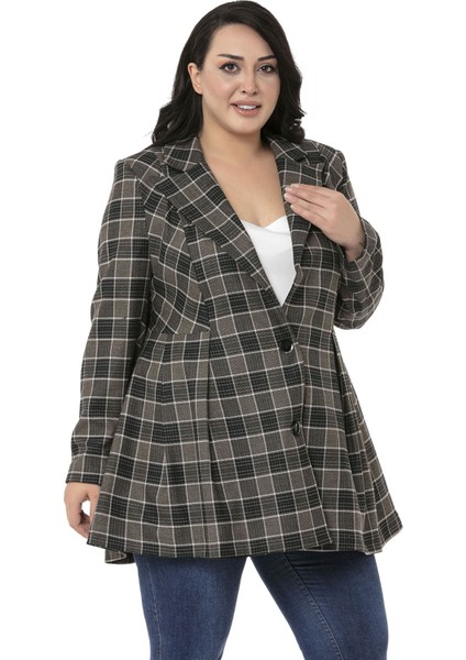 Büyük Beden Pile Detaylı Astarlı Siyah Zümrüt Ekose Ceket fiyatları