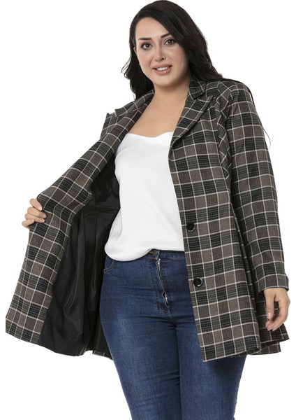 Büyük Beden Pile Detaylı Astarlı Siyah Zümrüt Ekose Ceket indirimleri