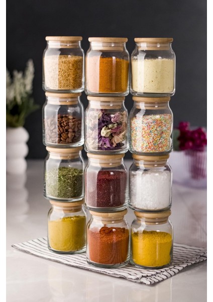 12'li Set Bambu Kapaklı Cam Kavanoz & Baharat Takımı & Baharatlık 250 ml