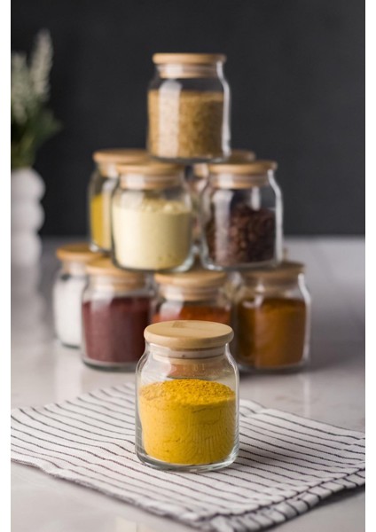12'li Set Bambu Kapaklı Cam Kavanoz & Baharat Takımı & Baharatlık 250 ml