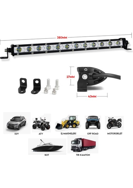 38 cm Offroad LED Beyaz Bar 12 LED