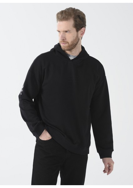 Kapüşon Yaka Baskılı Siyah Erkek Sweatshirt E-Solı