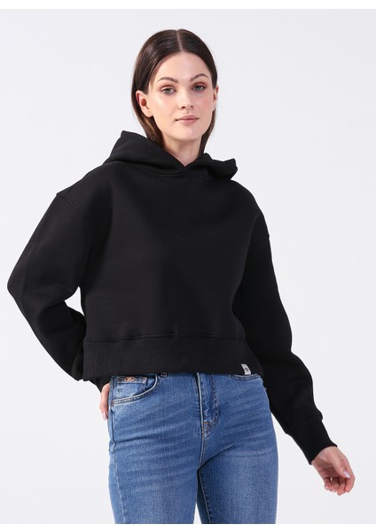 Kapüşon Yaka Düz Siyah Kadin Sweatshirt 231 Lcf 241002 Fiona Siyah