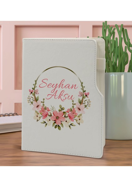 Gift Kişiye Özel Çiçek Tasarımlı Beyaz Termo Deri Not Defteri 15X21CM-23