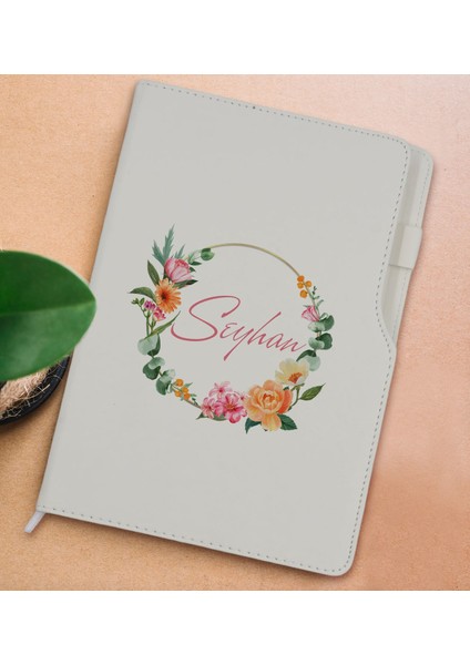 Gift Kişiye Özel Çiçek Tasarımlı Beyaz Termo Deri Not Defteri 15X21CM-10