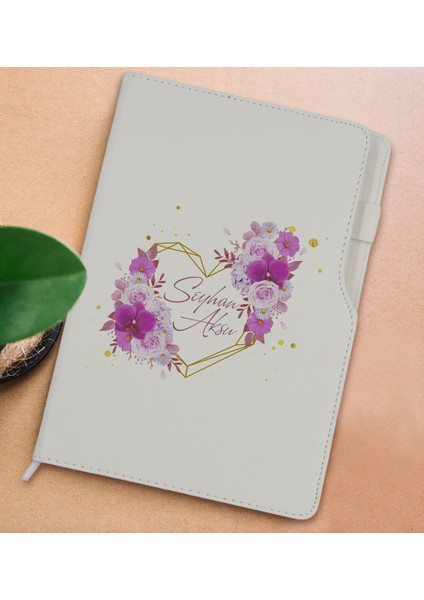 Gift Kişiye Özel Çiçek Tasarımlı Beyaz Termo Deri Not Defteri 15X21CM-3
