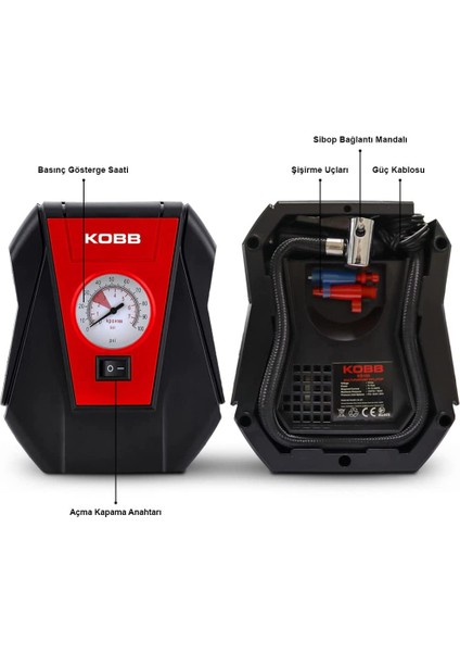 Kobb KB100 12VOLT 100 Psı Analog Göstergeli Hava Pompası, Kırmızı/siyah