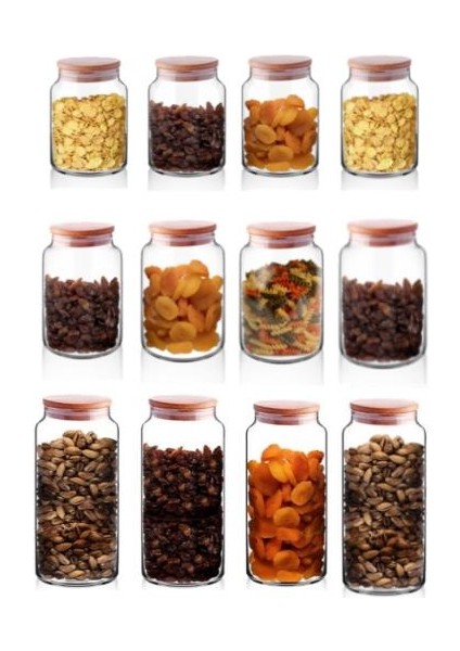12 Adet Bambu Vakum Kapaklı Kavanoz 3 Boy 500-800-1300 ml