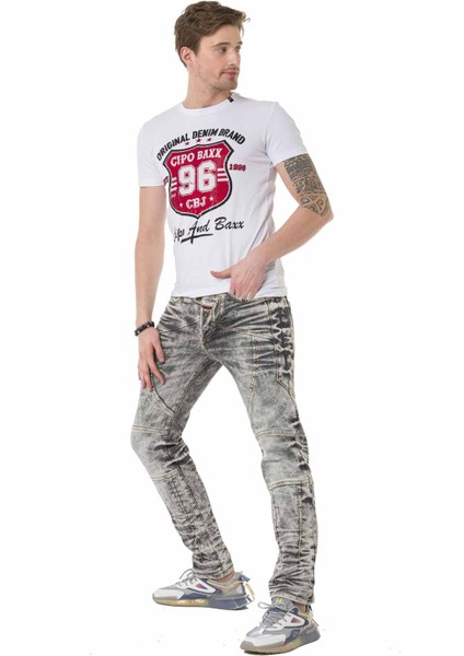 CD718 Parçalı Gri Yıkama Erkek Kot Pantolon