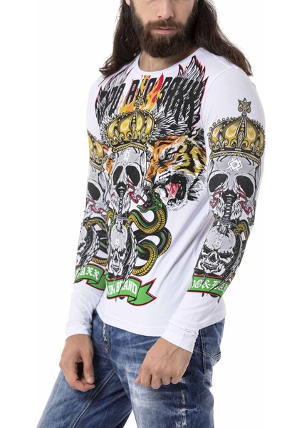 CL514 Kurukafa Baskılı Beyaz Sweatshirt