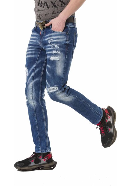 CD781 Yırtık Yamalı Mavi Erkek Jeans modelleri
