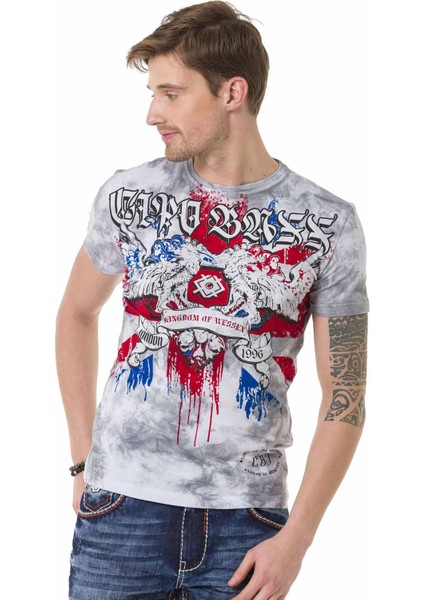 CT694 Vintage Bayrak Desenli Gri Tişört