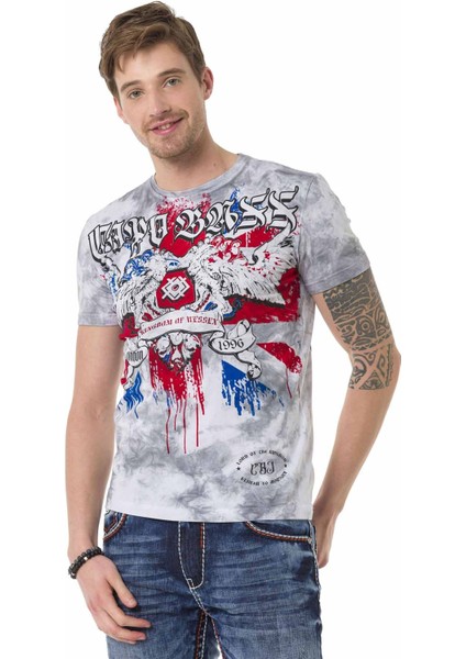 CT694 Vintage Bayrak Desenli Gri Tişört fiyatları