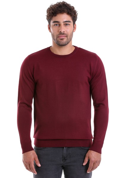 Erkek Bordo Regular Fit Yünlü Düz Bisiklet Yaka Triko Kazak