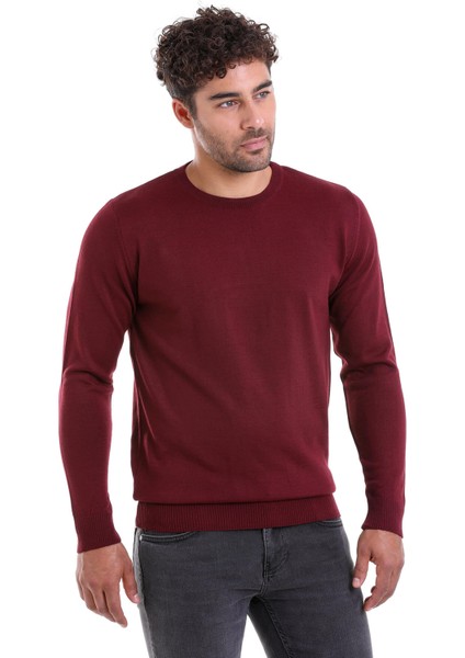 Erkek Bordo Regular Fit Yünlü Düz Bisiklet Yaka Triko Kazak