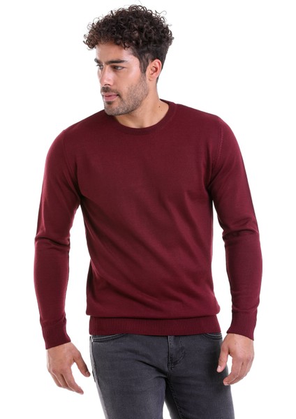 Erkek Bordo Regular Fit Yünlü Düz Bisiklet Yaka Triko Kazak