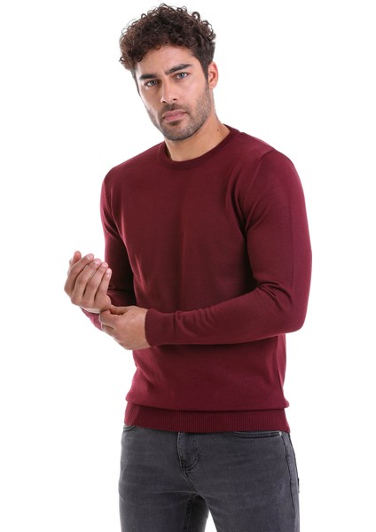 Erkek Bordo Regular Fit Yünlü Düz Bisiklet Yaka Triko Kazak