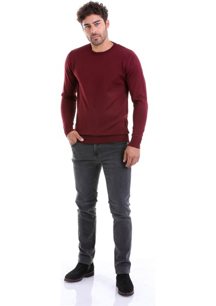 Erkek Bordo Regular Fit Yünlü Düz Bisiklet Yaka Triko Kazak