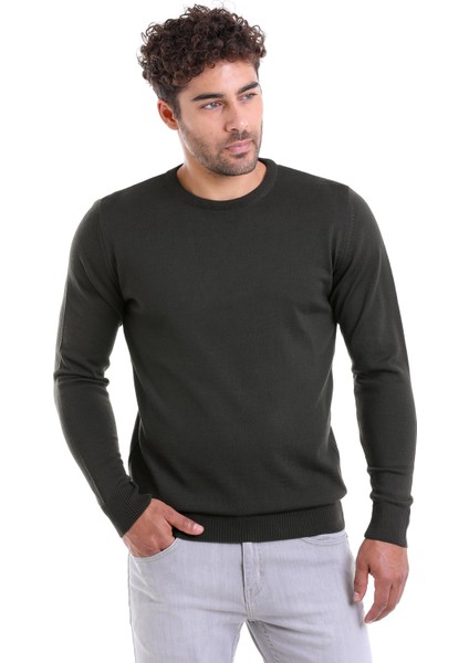 Erkek Haki Regular Fit Yünlü Düz Bisiklet Yaka Triko Kazak