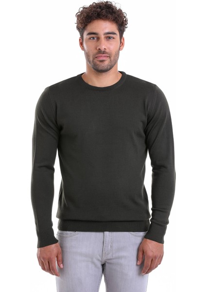 Erkek Haki Regular Fit Yünlü Düz Bisiklet Yaka Triko Kazak