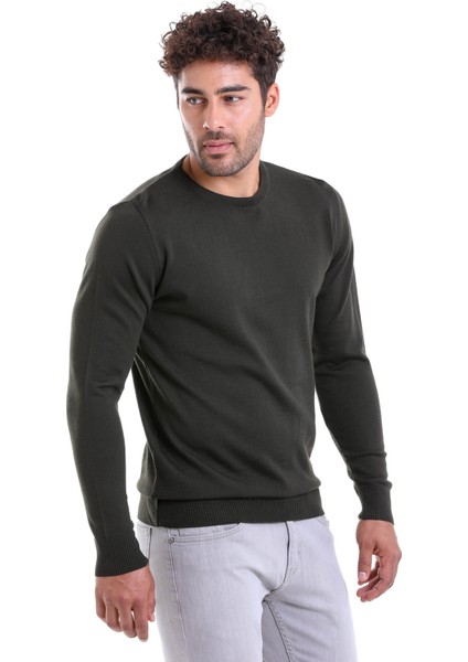 Erkek Haki Regular Fit Yünlü Düz Bisiklet Yaka Triko Kazak modelleri