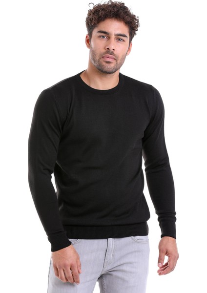 Erkek Siyah Regular Fit Yünlü Düz Bisiklet Yaka Triko Kazak