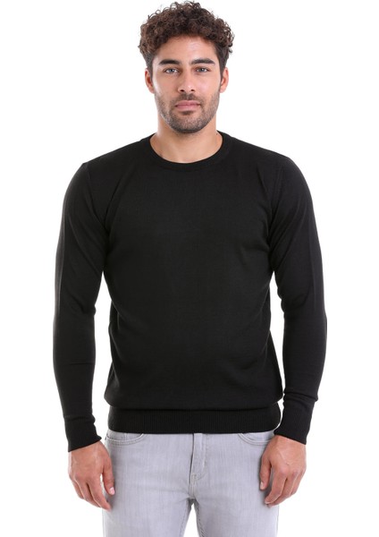 Erkek Siyah Regular Fit Yünlü Düz Bisiklet Yaka Triko Kazak modelleri