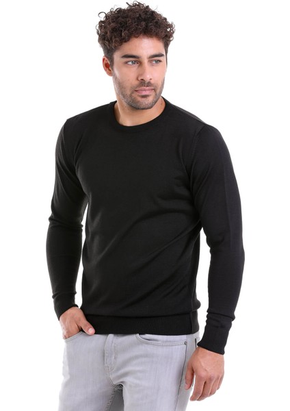 Erkek Siyah Regular Fit Yünlü Düz Bisiklet Yaka Triko Kazak fırsatları