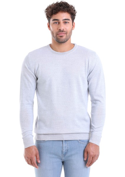 Erkek Gri Regular Fit Yünlü Düz Bisiklet Yaka Triko Kazak