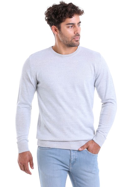 Erkek Gri Regular Fit Yünlü Düz Bisiklet Yaka Triko Kazak modelleri