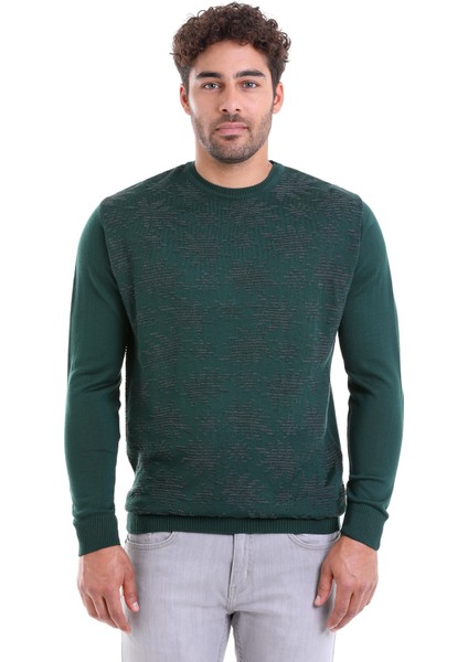 Erkek Yeşil Regular Fit Yünlü Desenli Bisiklet Yaka Triko Kazak