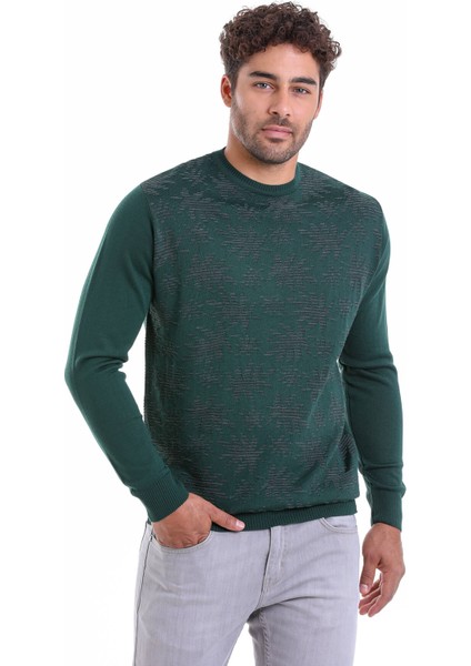 Erkek Yeşil Regular Fit Yünlü Desenli Bisiklet Yaka Triko Kazak fiyatları