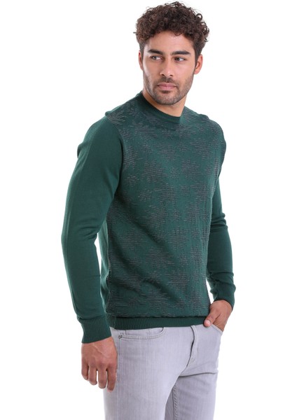 Erkek Yeşil Regular Fit Yünlü Desenli Bisiklet Yaka Triko Kazak fırsatları