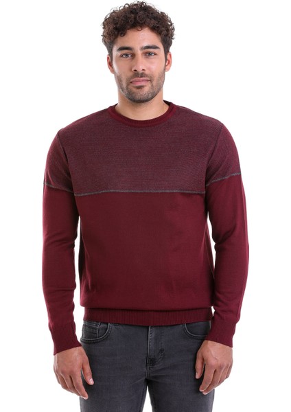 Erkek Bordo Regular Fit Yünlü Desenli Bisiklet Yaka Triko Kazak