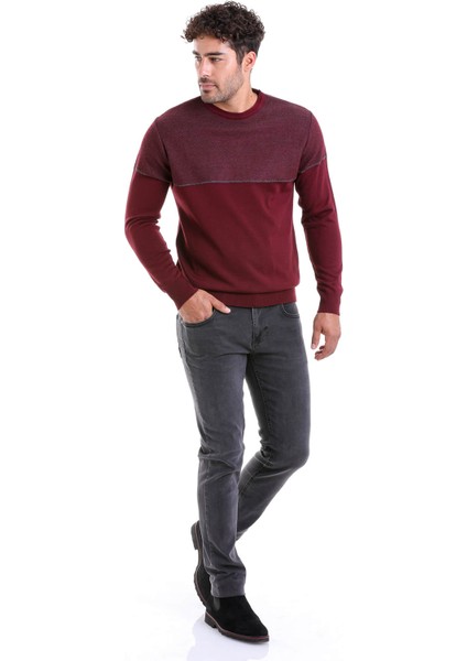 Erkek Bordo Regular Fit Yünlü Desenli Bisiklet Yaka Triko Kazak fırsatları