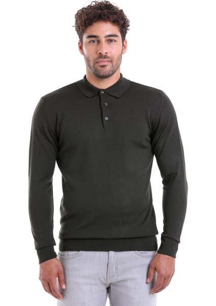Erkek Haki Regular Fit Yünlü Desenli Polo Yaka Triko Kazak