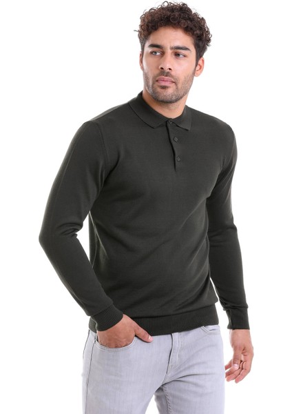 Erkek Haki Regular Fit Yünlü Desenli Polo Yaka Triko Kazak fiyatları