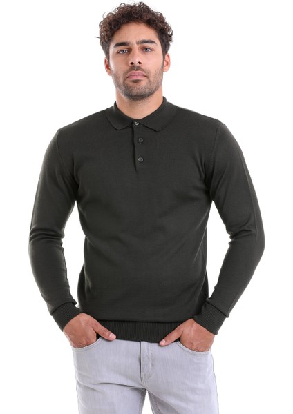 Erkek Haki Regular Fit Yünlü Desenli Polo Yaka Triko Kazak modelleri